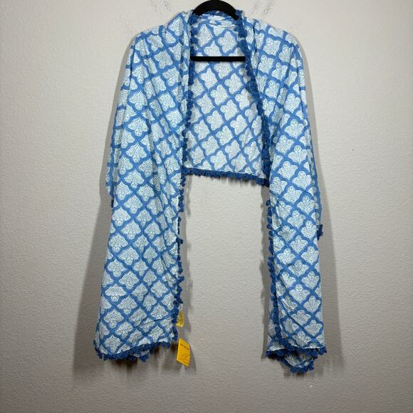 Roberta Roller Rabbit Jemina Pom Pom Scarf Rectangular Blue Floral Cotton - Picture 1 of 6